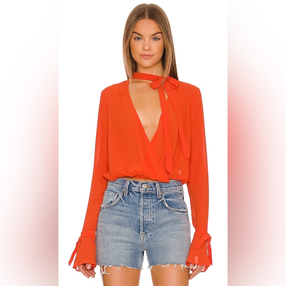 House of Harlow x REVOLVE Joli Tie Cuff Blouse • Orange Red • Sold Out • S